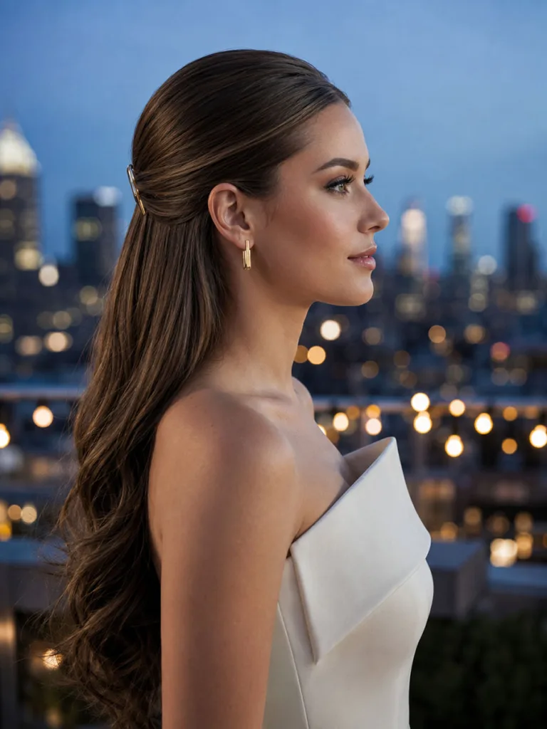 Sleek low half up hairstyle for a minimalist modern city wedding