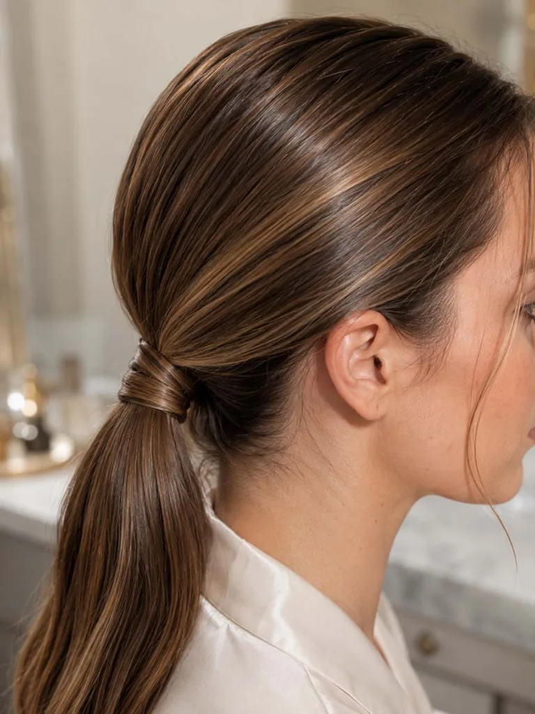 Close-up of a sleek low ponytail christmas hairstyle