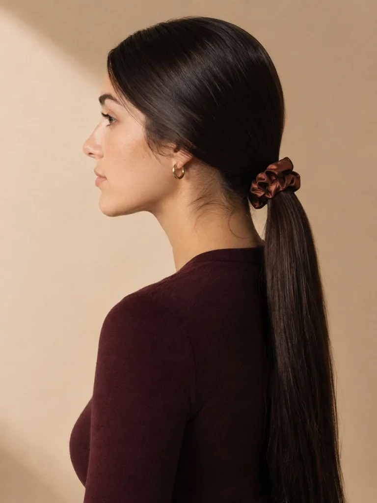Side profile of a smooth low ponytail hairstyle on long hair