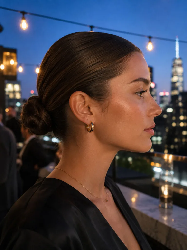 Woman with a slicked-back low bun summer hairstyle on a rooftop at night