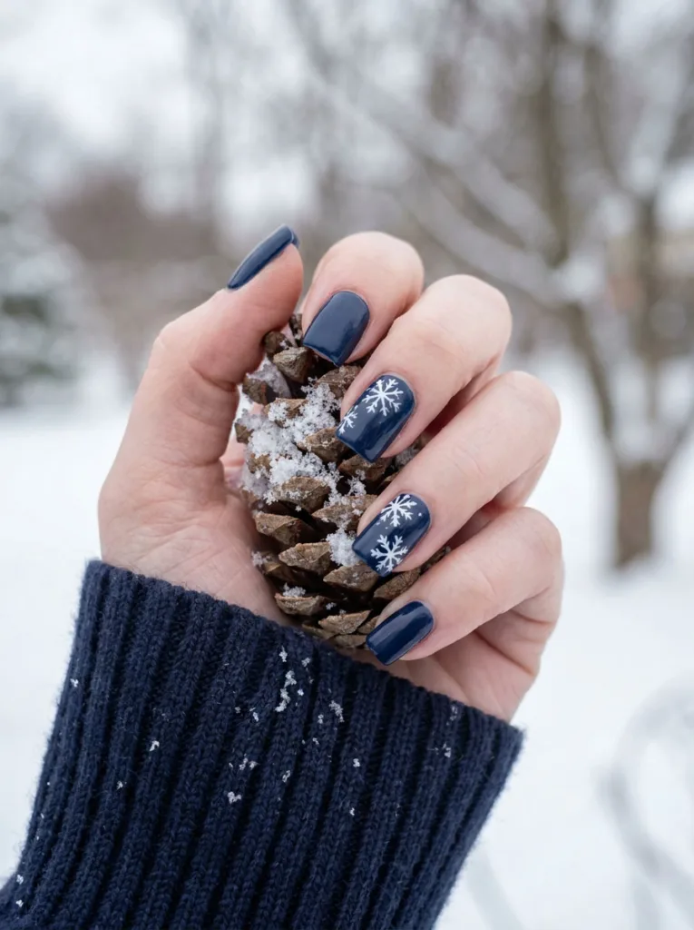 Fair-skinned hand with navy square winter nails and hand-painted snowflake accents holding a pinecone