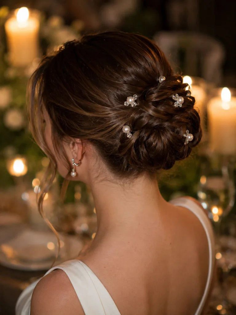 Jeweled wedding updo with pearl and crystal hairpins in candlelight