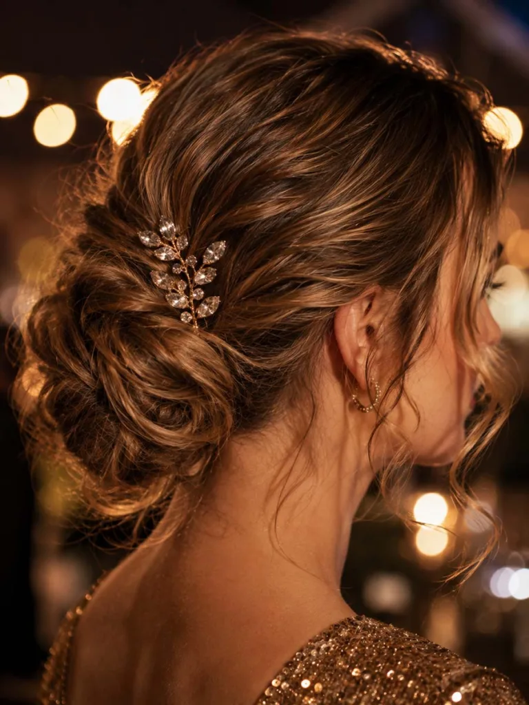 Close-up of a sparkly low bun christmas hairstyle with a jeweled hairpin