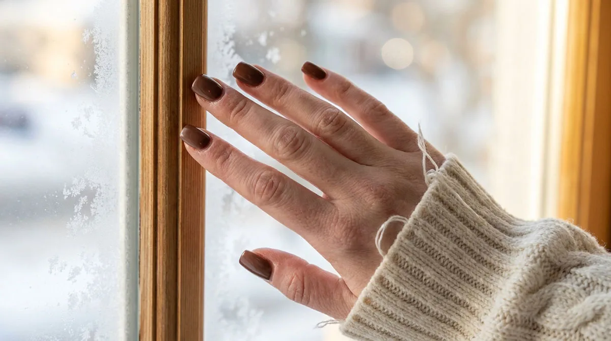 Fair-skinned model's hand with a mocha brown square winter nails manicure resting near a frosted window