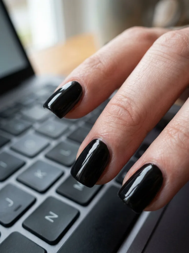 Close-up of fingers resting on a keyboard, square and squoval black manicure shapes