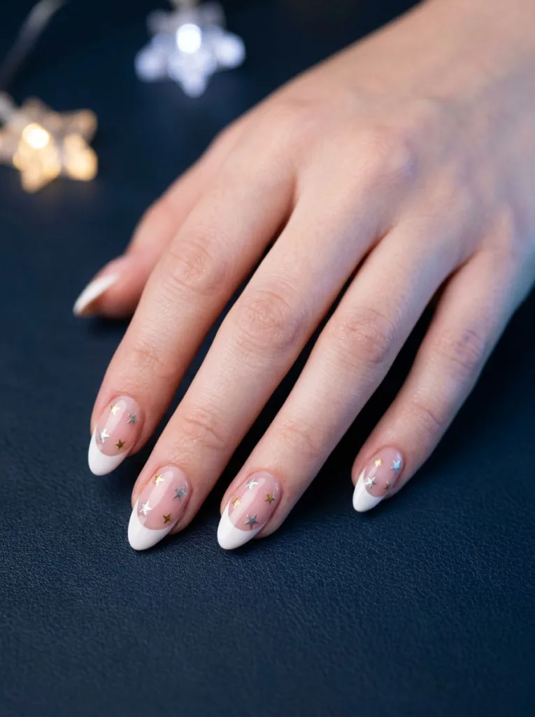 Star-studded French manicure new years nails close-up
