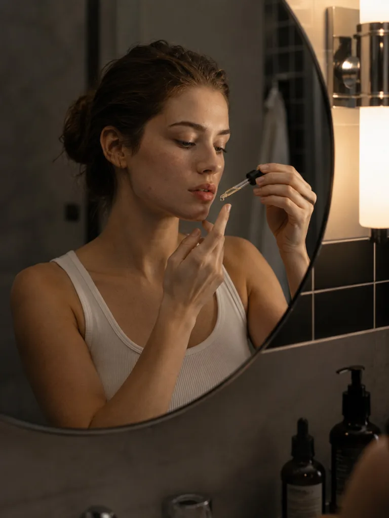 Woman in her 20s applying retinol serum at night for anti-aging skincare in her 20s