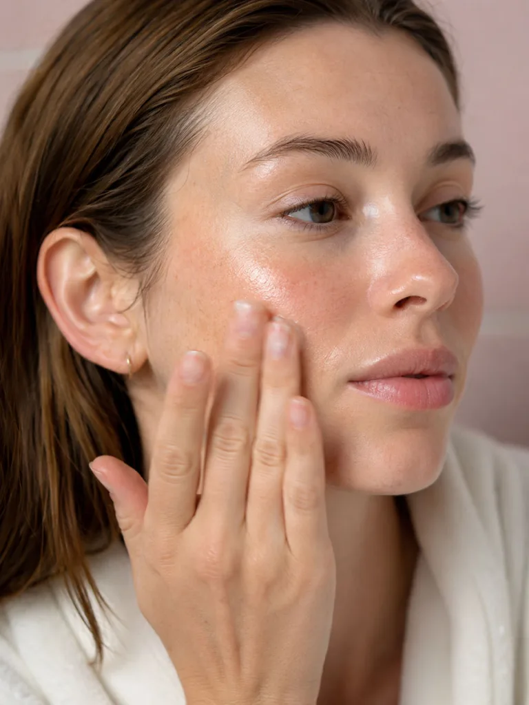 Close-up of fingertips tapping serum into cheek