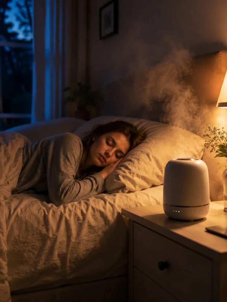 Humidifier releasing mist beside sleeping woman at night