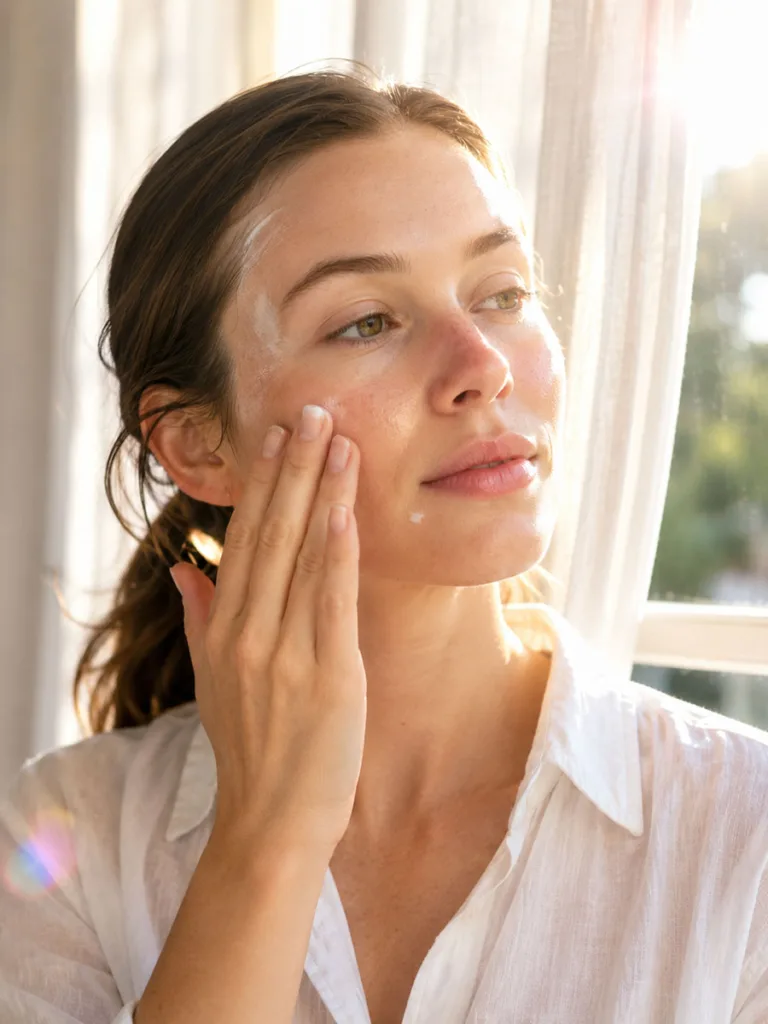 Woman applying SPF 50 sunscreen near a sunlit window