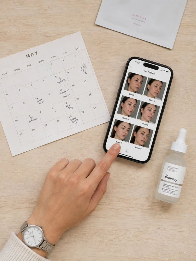 Overhead flat lay of weekly skin progress tracking photos