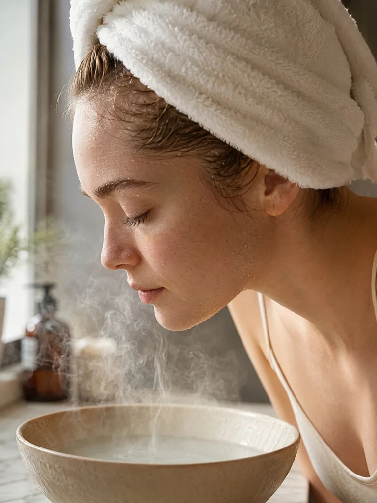 Woman leaning over steaming bowl for Korean skincare steam step