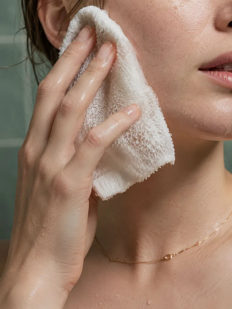 Close-up of gentle damp cloth exfoliation on cheek