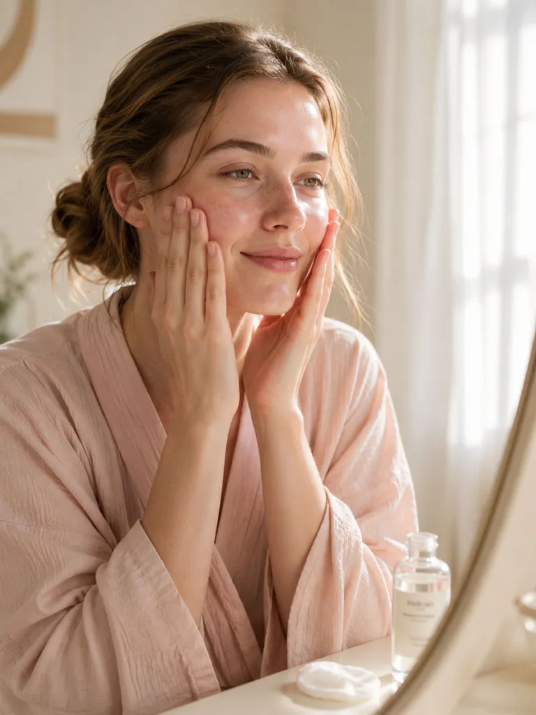 Woman patting alcohol-free toner into skin in morning light