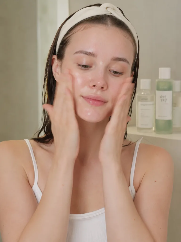 Woman layering toner using the three-layer hydration method