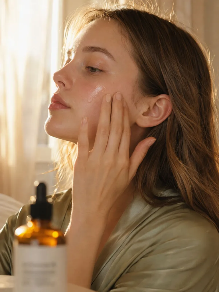Woman applying repair serum to cheek in warm afternoon light