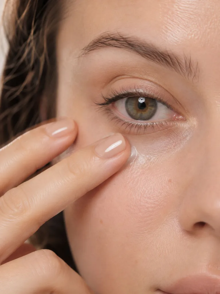 Close-up of ring finger applying eye cream under eye