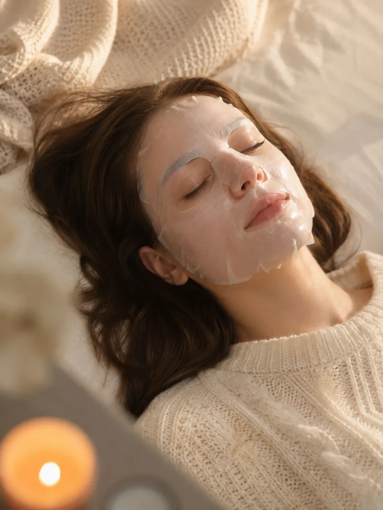 Woman relaxing with a hydrating sheet mask on her face