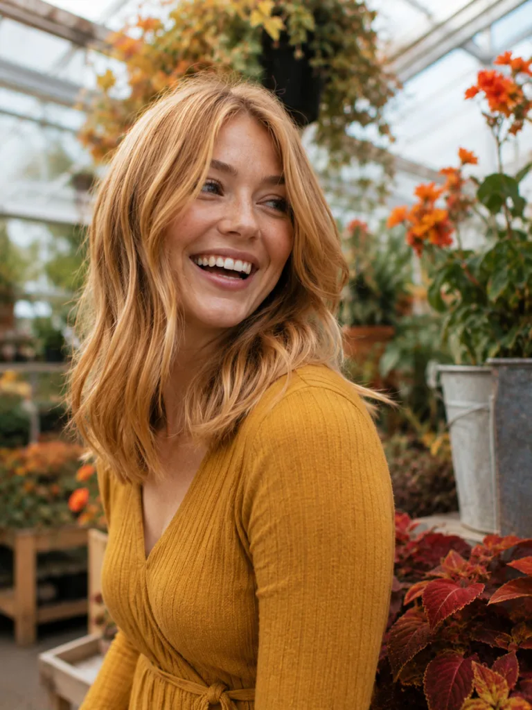 Laughing woman with strawberry blonde fall hair color in a botanical greenhouse