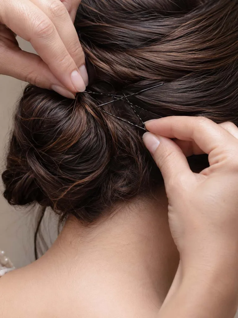 Stylist securing a wedding updo with crisscross bobby pins for long-lasting hold