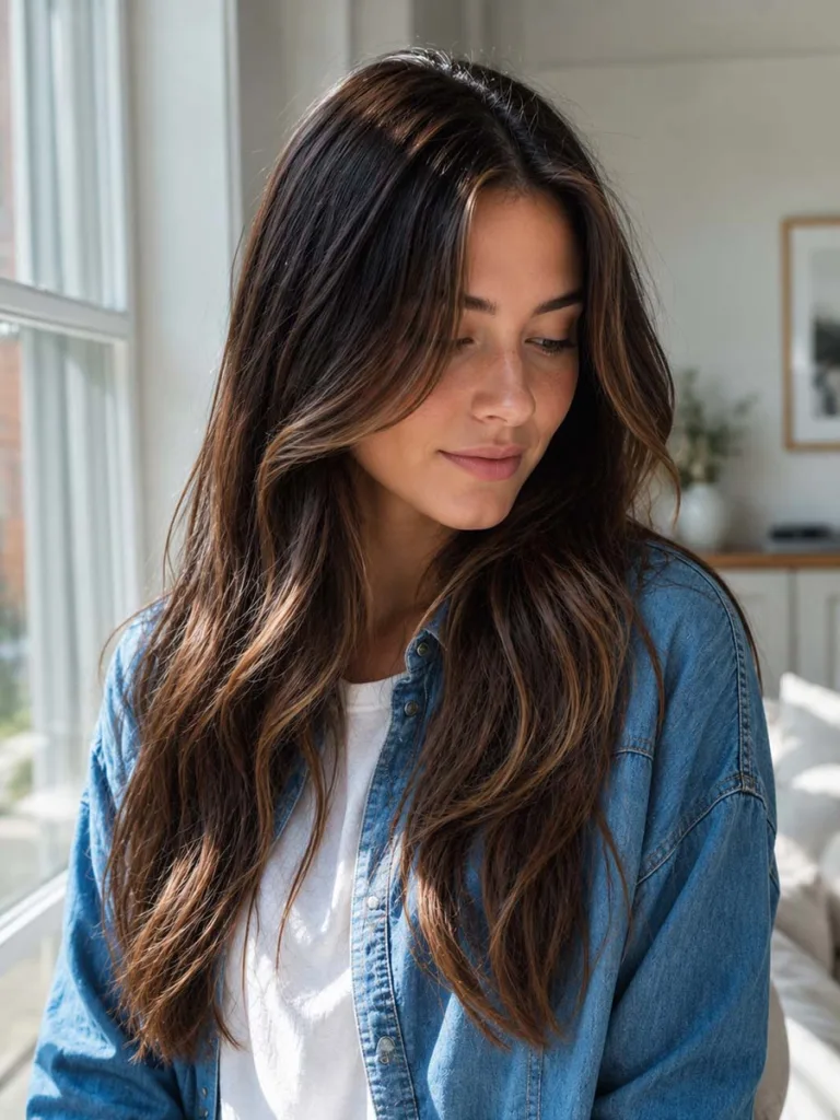 Woman with subtle sun-kissed balayage highlights in natural morning light at home