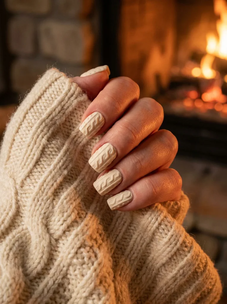 Fair-skinned hand with cream cable-knit textured square winter nails resting near a fireplace