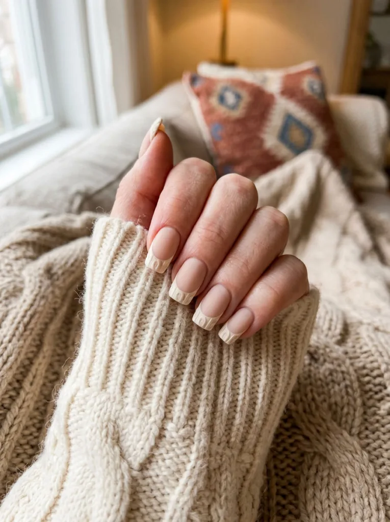 Hand with matte sweater-texture French tip nails resting on a cream knit blanket