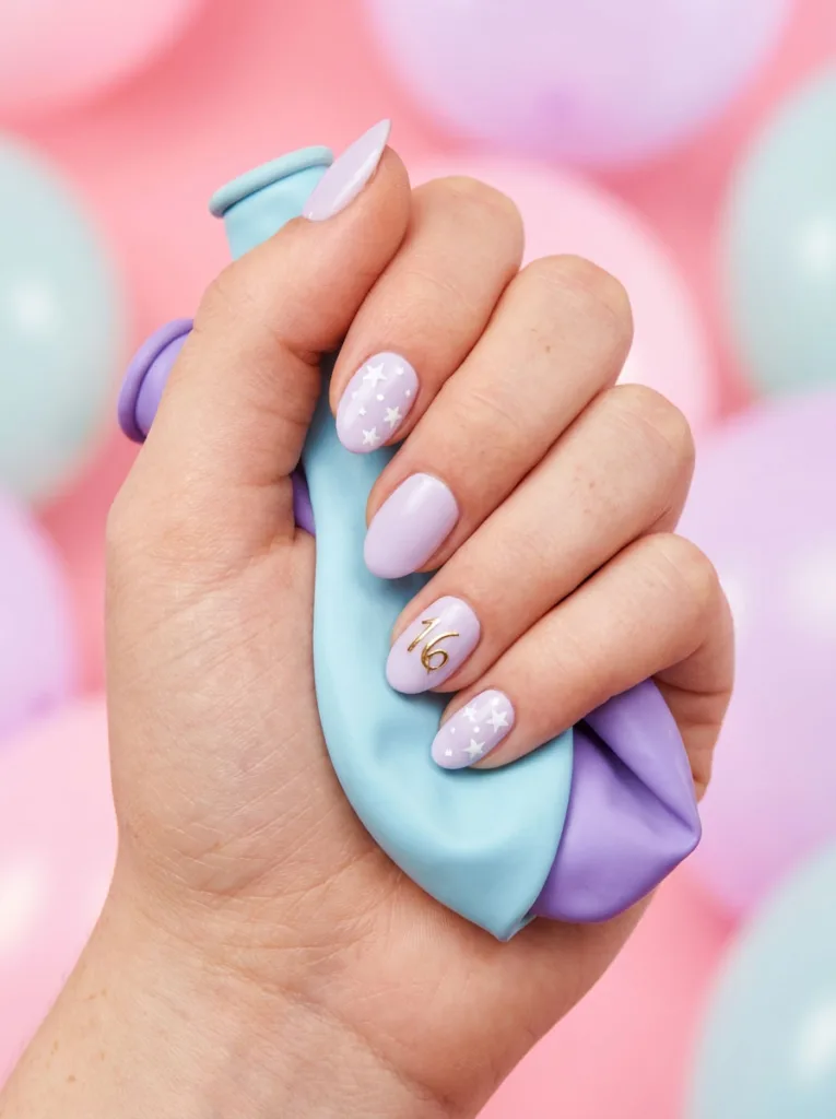 Sweet 16 birthday nails with pastel stars and gold number