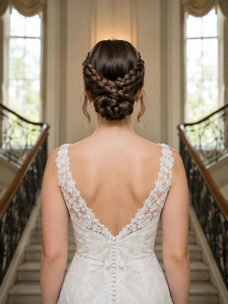 Symmetrical double-braided wedding updo shown from behind on a staircase