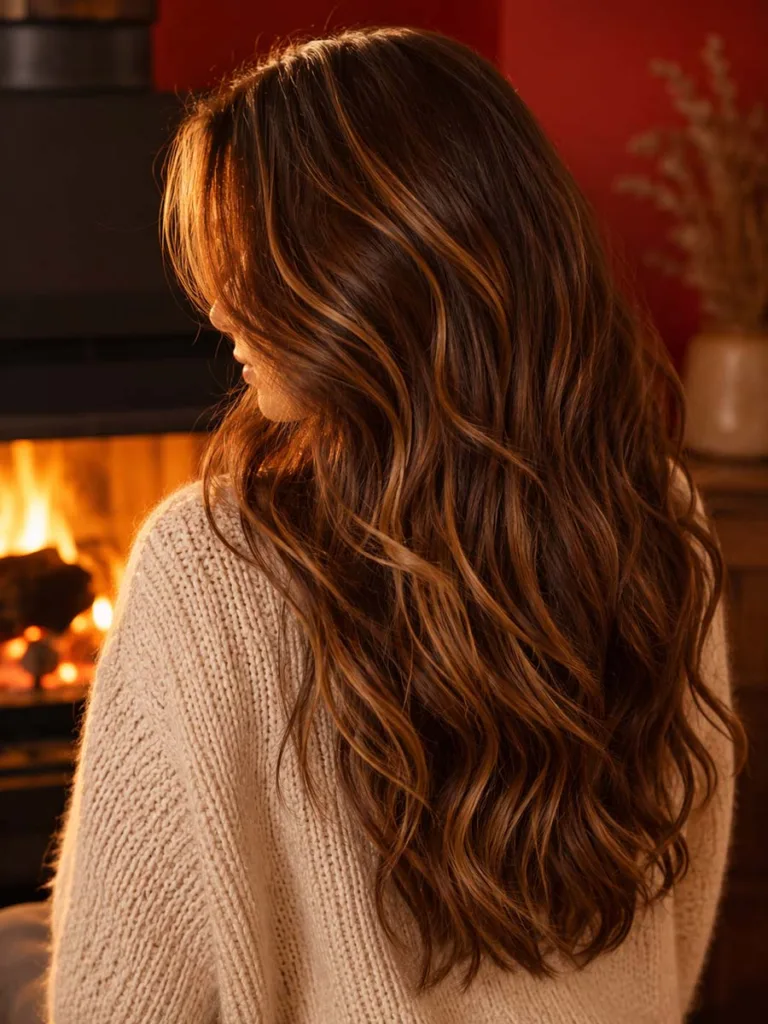 Woman with plush teddy bear brunette waves against a vibrant red cozy interior