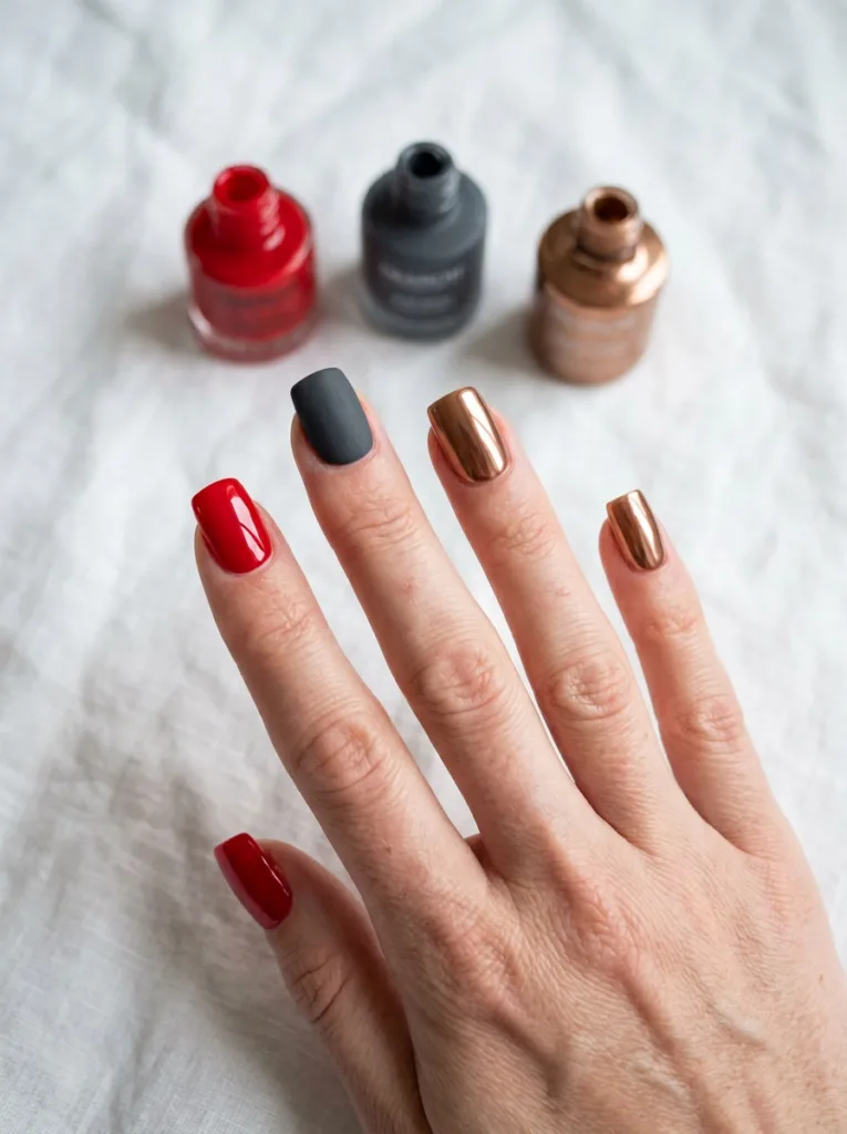 Fair-skinned hand comparing matte, glossy, and chrome square winter nails polish finishes