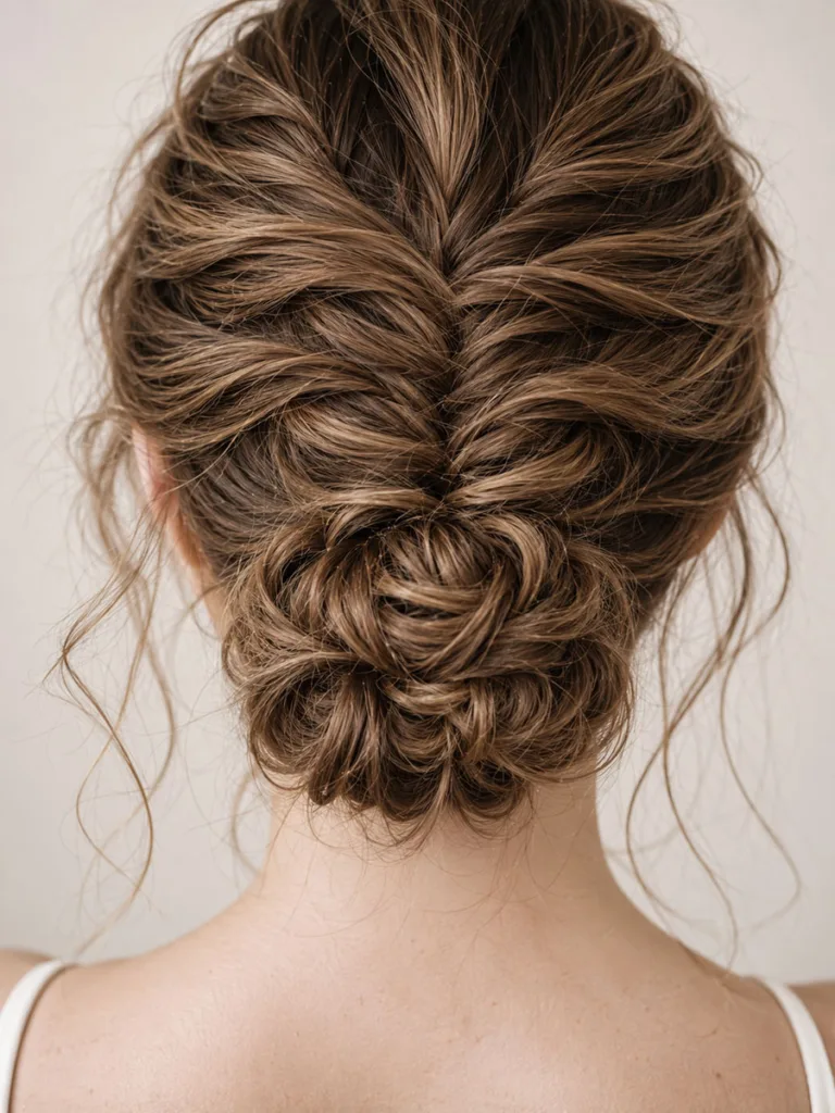 Close-up detail of a textured fishtail braid bun wedding updo