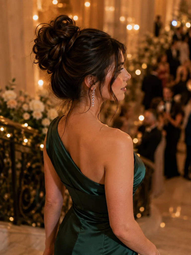 Textured high bun prom hairstyle for long hair on a staircase
