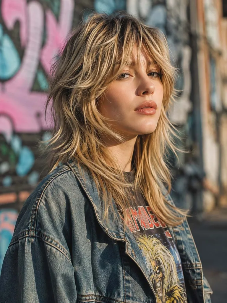 Woman with a shaggy layered summer haircut on a city street