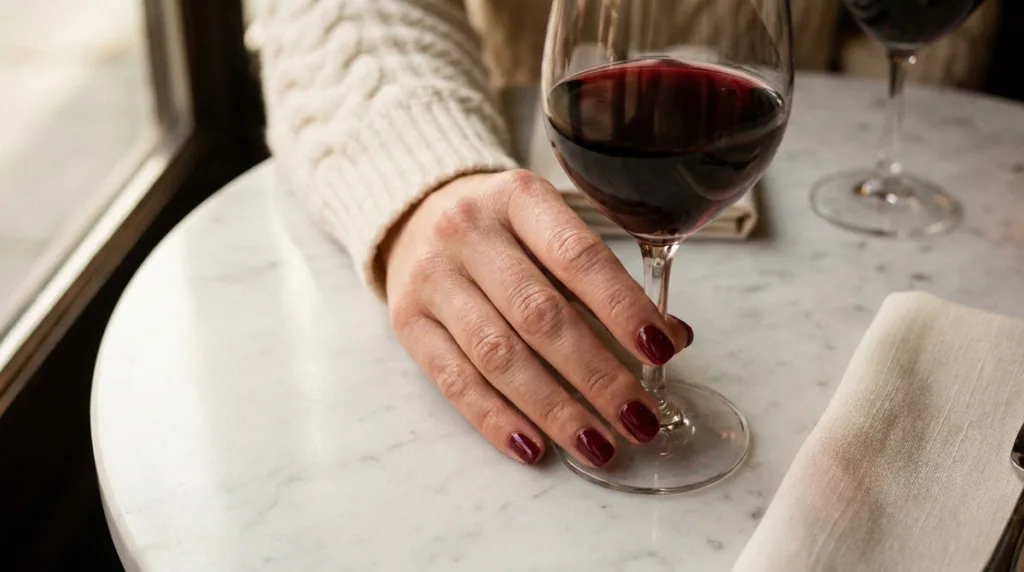 Woman's hand with a solid burgundy manicure holding a wine glass on a marble table