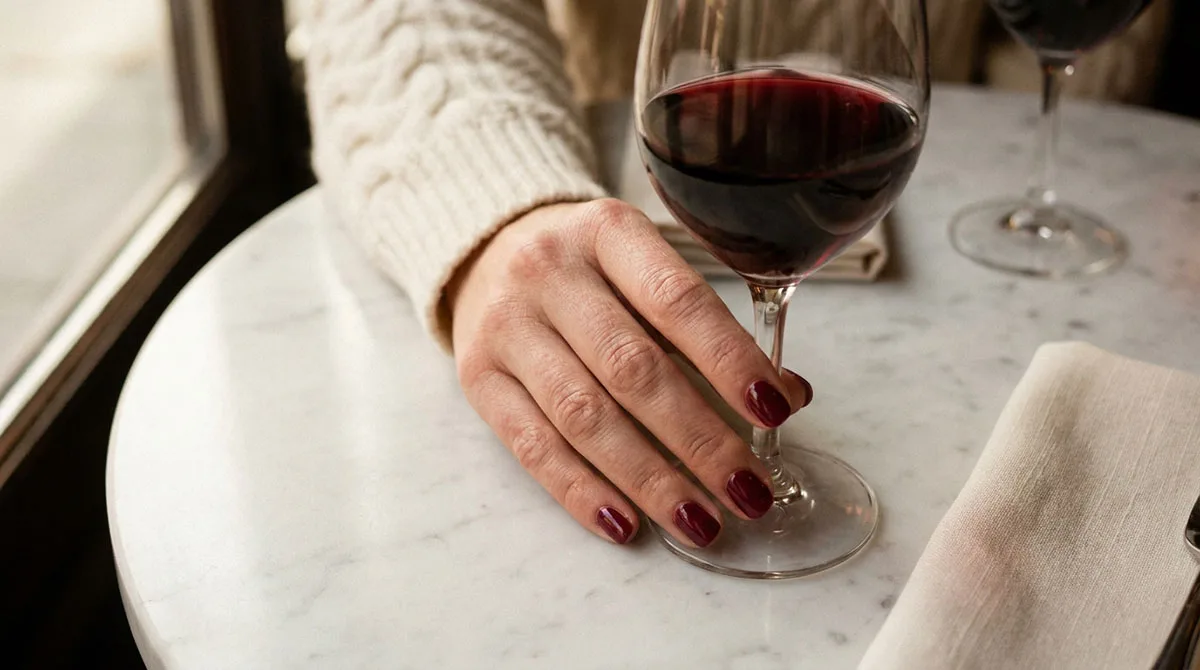 Woman's hand with a solid burgundy manicure holding a wine glass on a marble table