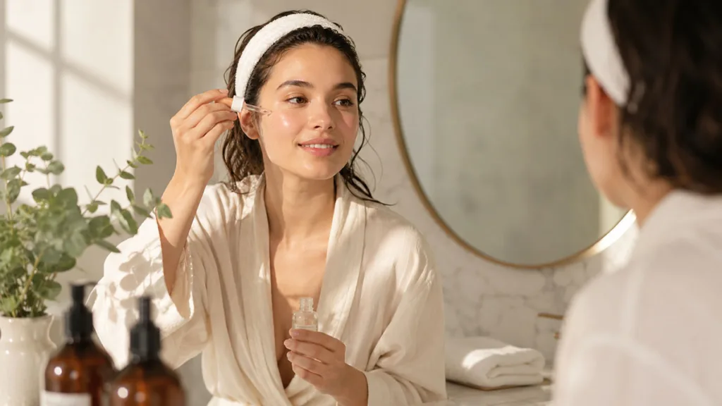 Young woman with fair, dewy glass skin applying skincare in a sunlit bathroom, Korean skincare secret for glowing skin