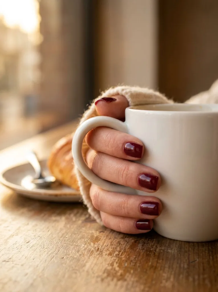 Hand with a solid burgundy manicure holding a coffee cup at a café table