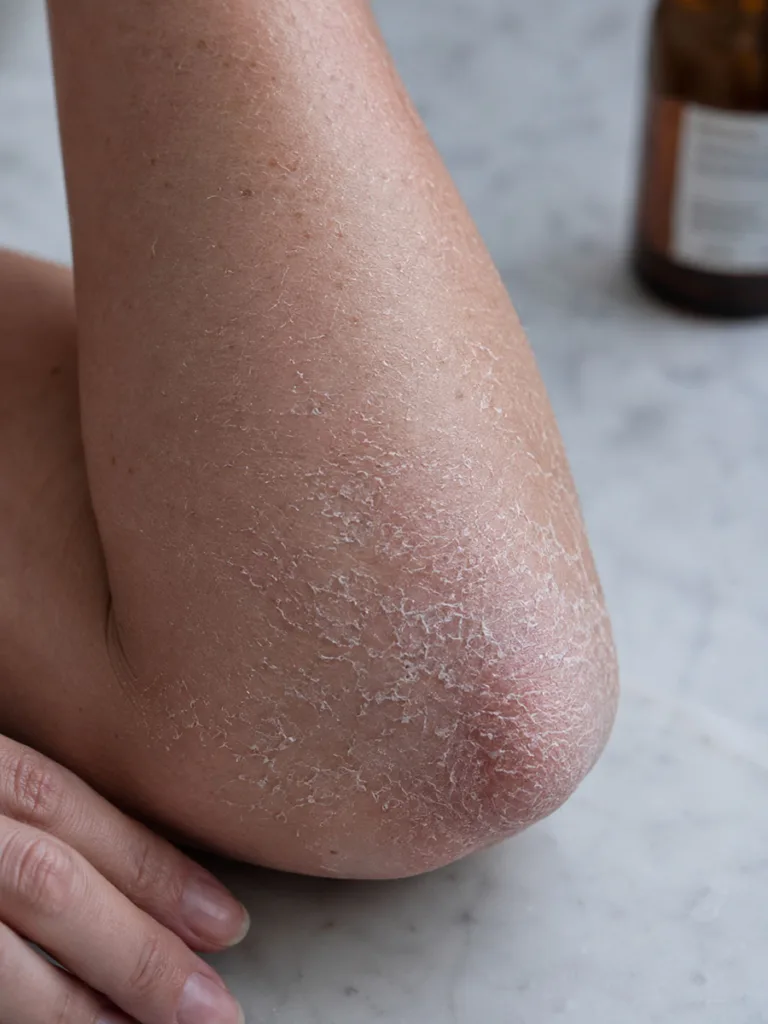 Close-up of dry, flaky skin on a woman's elbow before using homemade lotion