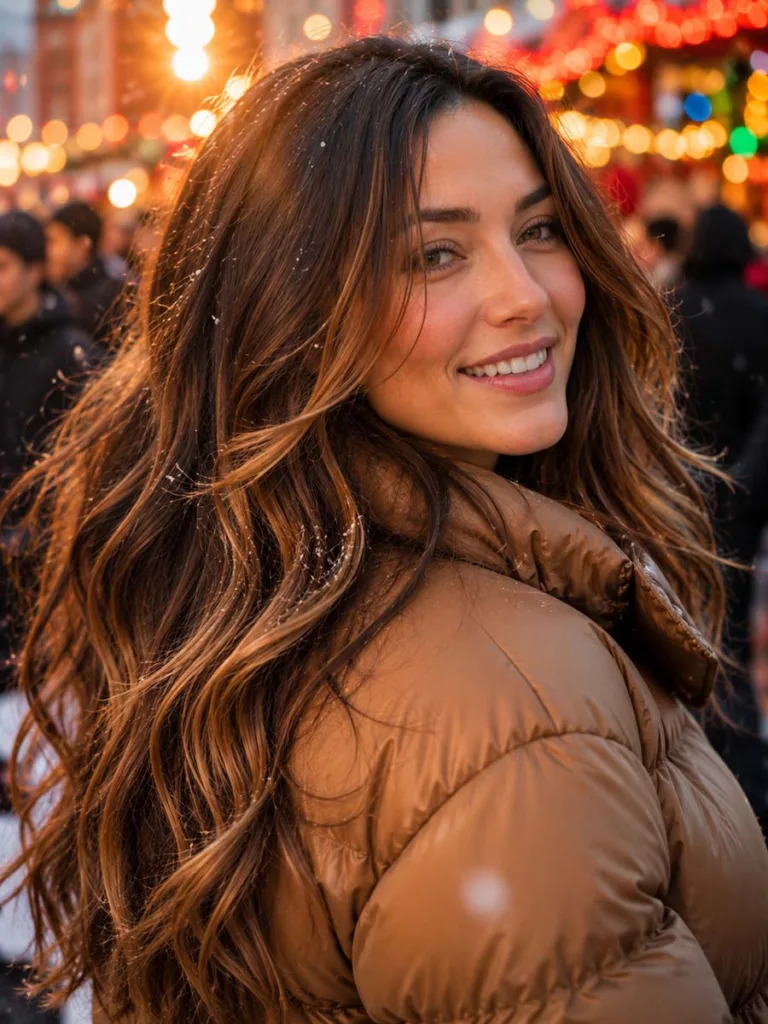 Hand-painted toffee balayage hair color against vibrant multicolor holiday market lights