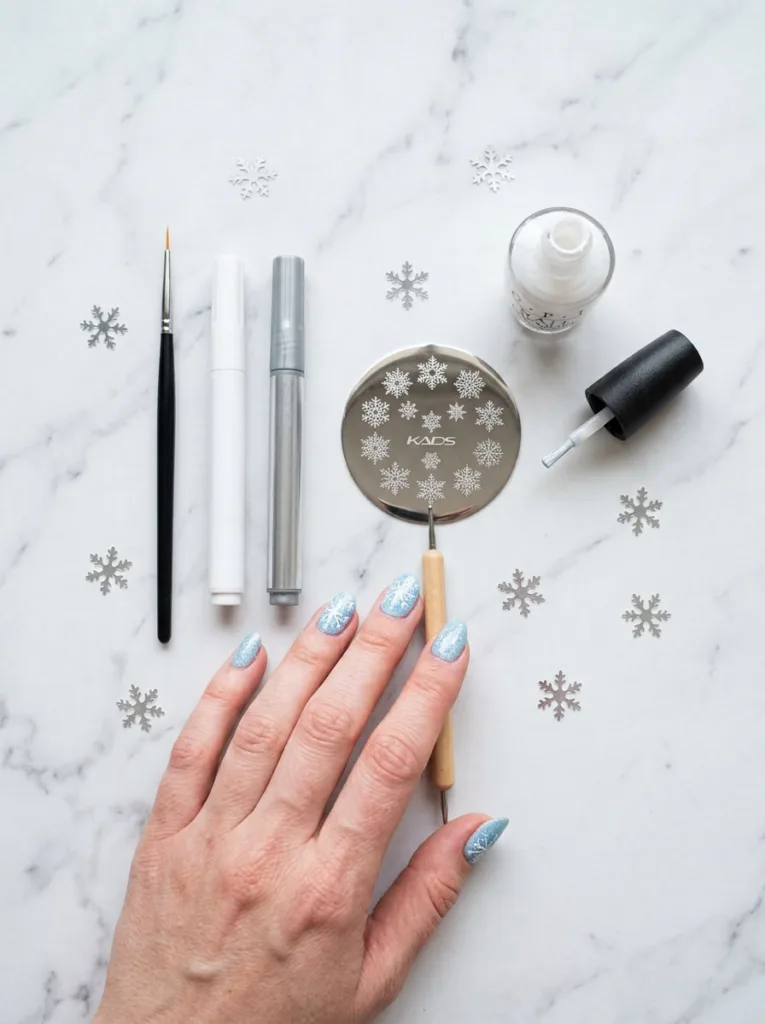 Overhead flat lay of snowflake nail art tools including a dotting tool, thin brush, and stamping plate.