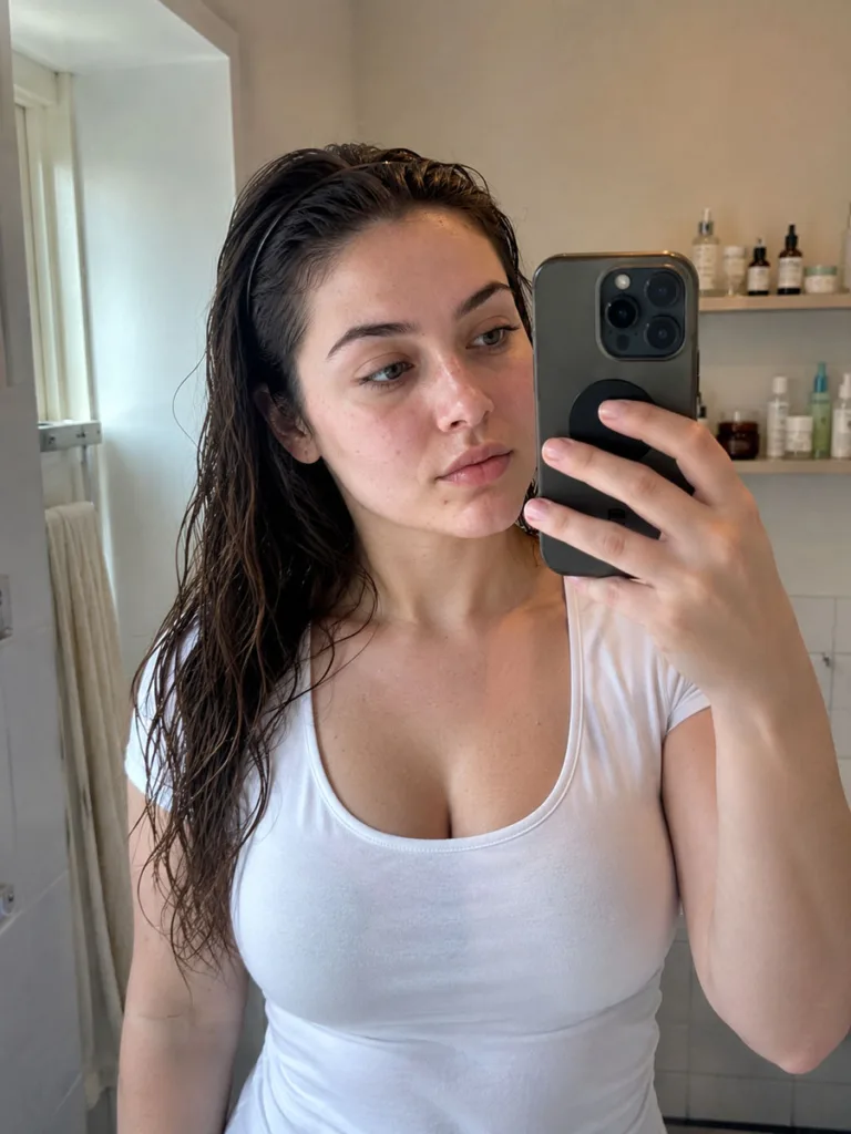 Woman taking a progress selfie to track her Korean beauty skin glow results