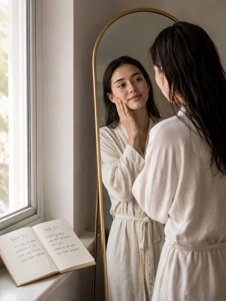 Woman checking her skin progress in a mirror while tracking weeks in a journal