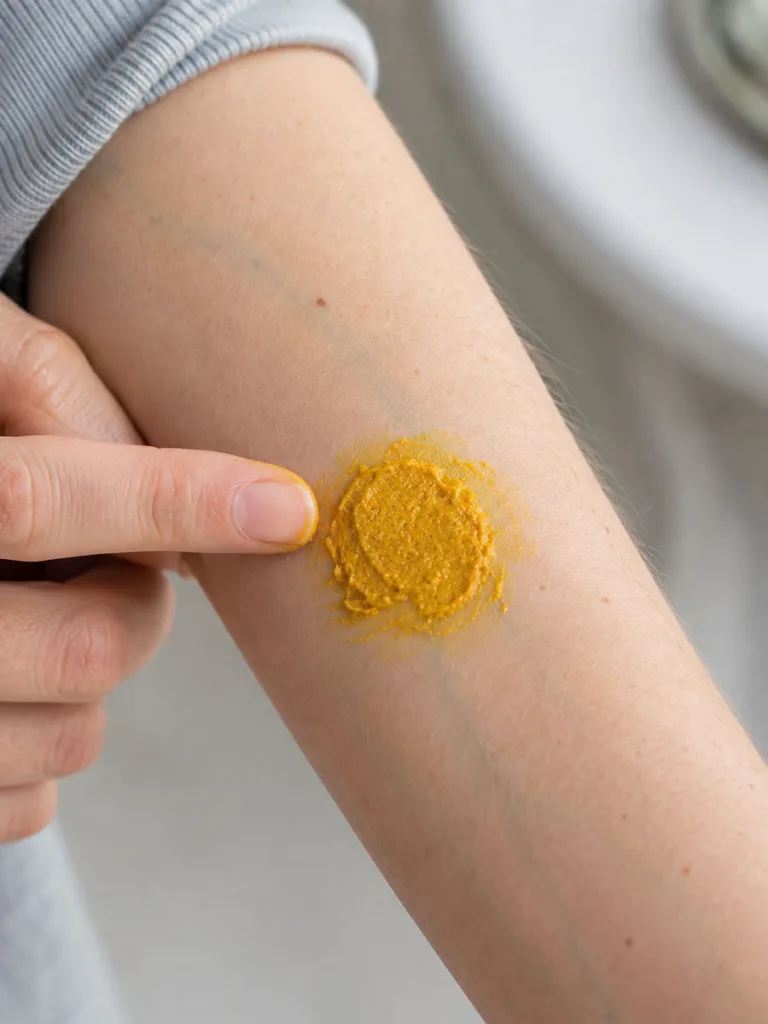 Close-up of a small turmeric face mask patch test applied to the inner forearm skin