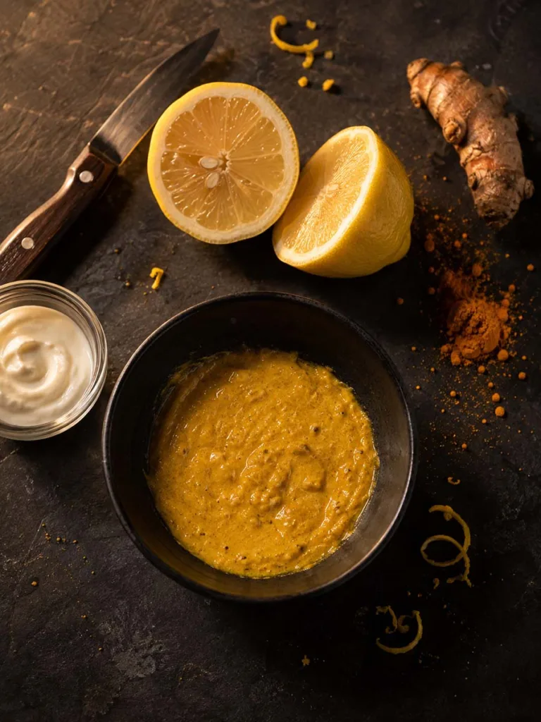Turmeric powder, fresh lemon, and yogurt ingredients styled for a homemade dark spot face mask