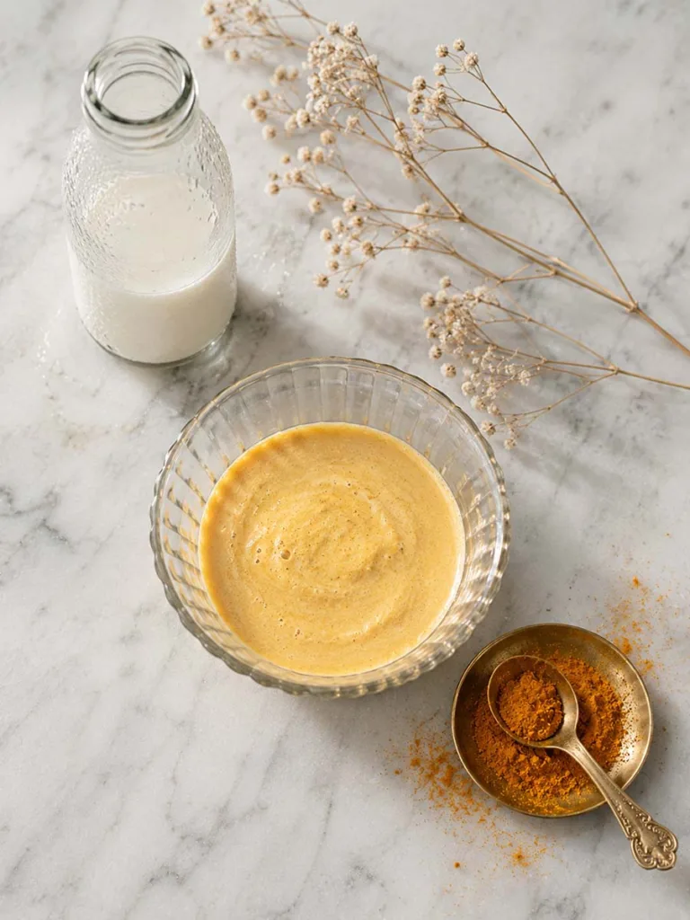 Turmeric powder and raw milk styled on a marble vanity for a homemade even-tone face mask
