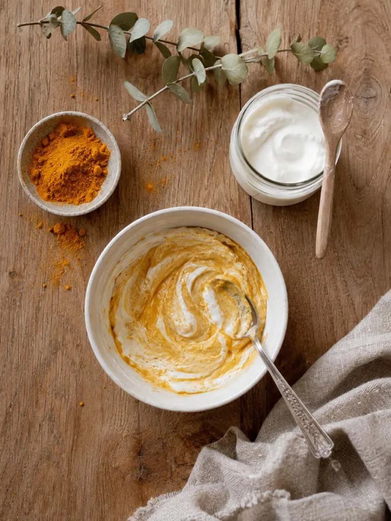 Turmeric powder and full-fat yogurt ingredients for a homemade dry skin face mask styled on a wooden table