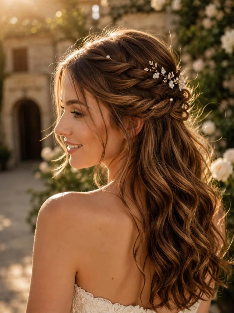 Twisted crown wedding hairstyle with loose waves on a bride in a garden