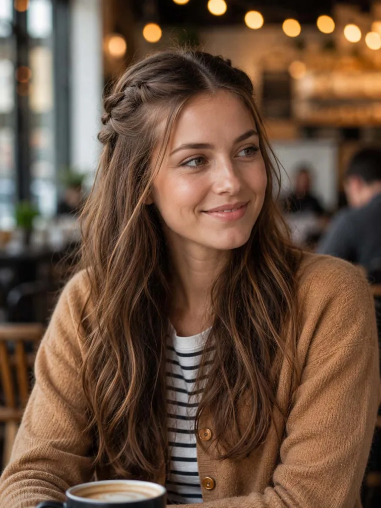 Woman with a twisted half-up hairstyle and long hair down