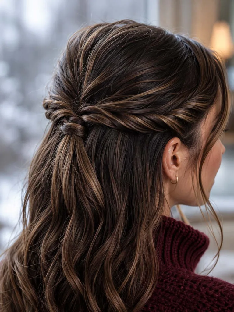 Close-up of a twisted half-up knot christmas hairstyle